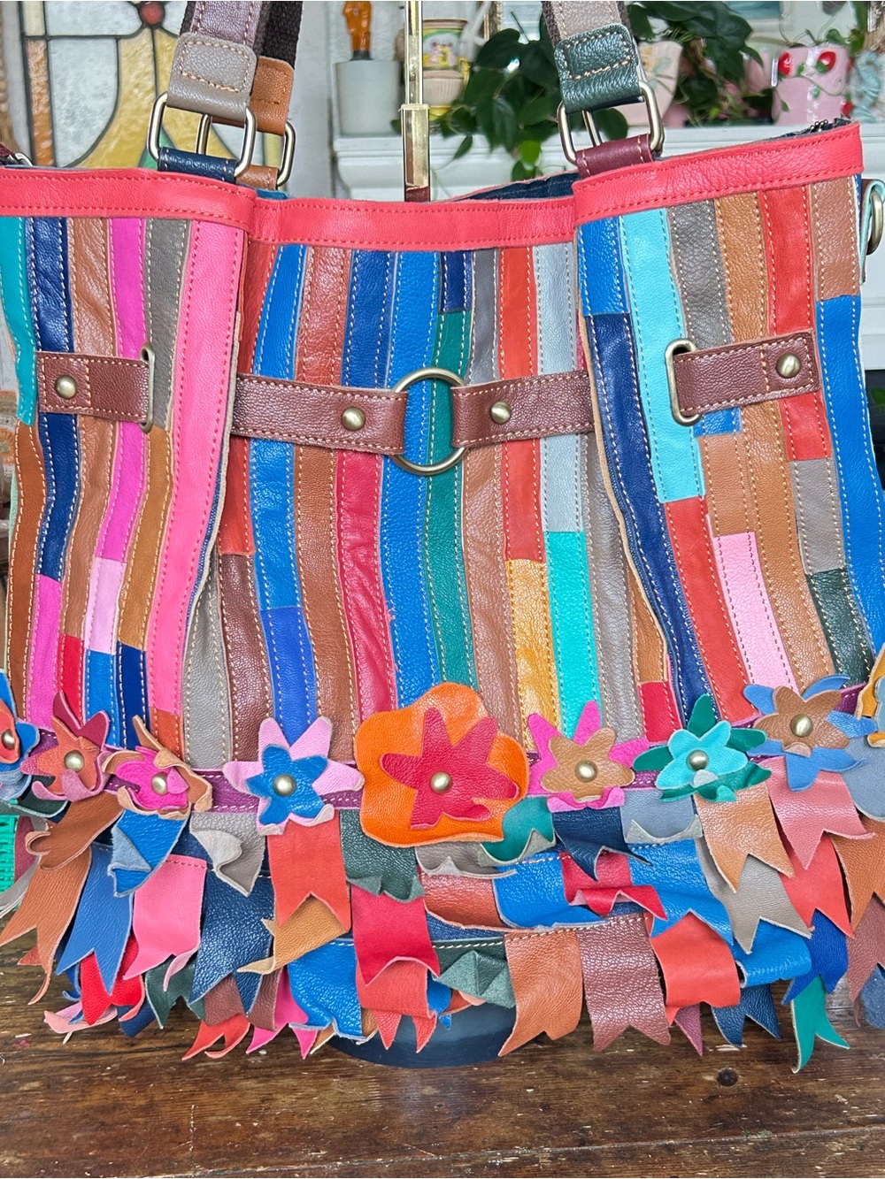 Gorgeous large Ameri Multicolor Striped Leather Tote with Floral Appliqués - Picture 2 of 12